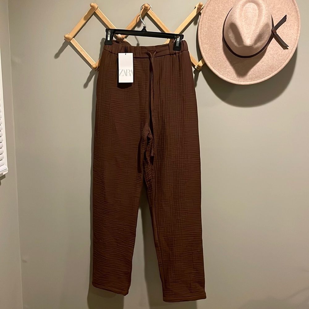 Zara Cotton Blend Brown Drawstring Trousers